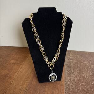 Artisan Made‎ Two Tone Chunky Double Chain Rhinestone Medallion Necklace